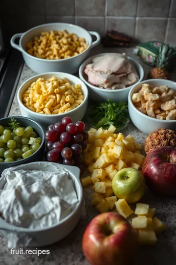 Creamy Summer Macaroni Salad with Fruity Chicken Delight ingredients